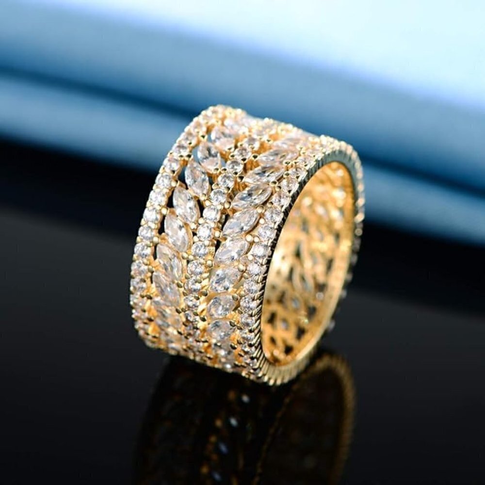 14K Yellow Gold Marquise Eternity Statement Ring Brilliant Sparkly Stacked Wide